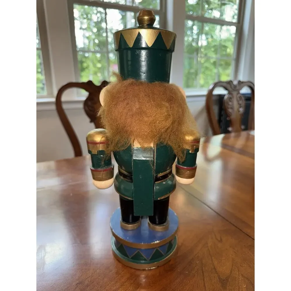 Wood Bear Nutcracker Soldier Figure Christmas Decor Green Blue Gold